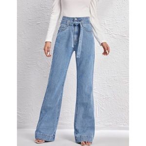 High waist wide leg jeans with tie